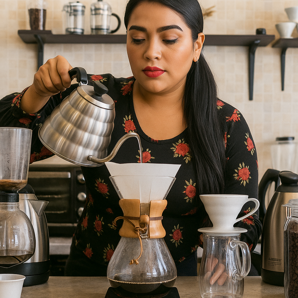 Mujer sirviendo café utilizando un dispositivo de filtrado en una cafetería.