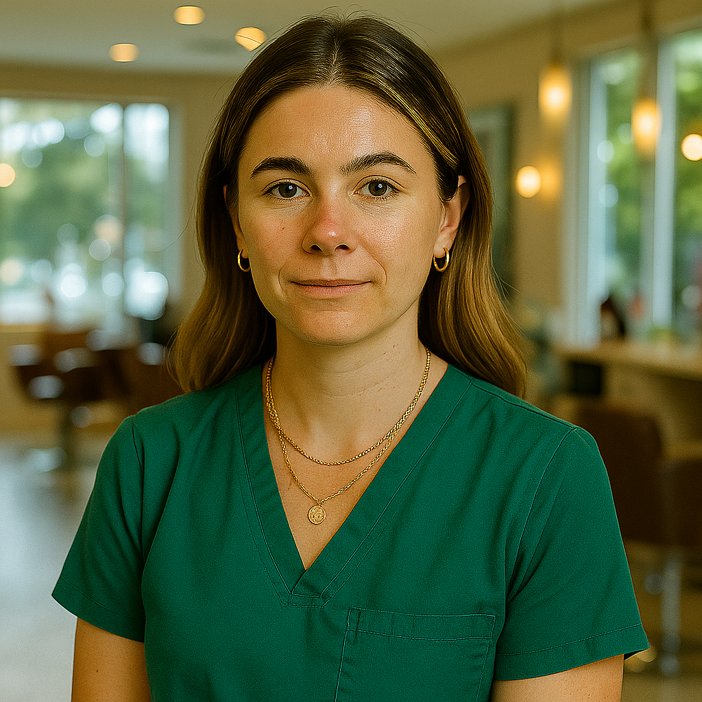 Mujer con cabello largo y castaño, vistiendo un uniforme verde en un ambiente luminoso, con un fondo desenfocado de un salón de belleza.