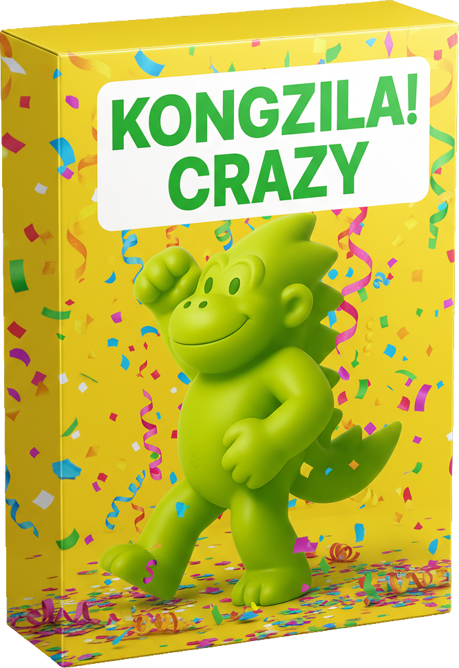 Caja amarilla con celebraciones, mostrando una figura de un dinosaurio verde sonriente rodeado de confeti, representando el programa 'Kongzila! Crazy'.