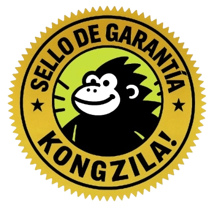 Sello de garantía de Kongzila con imagen de un gorila sonriente y borde amarillo.