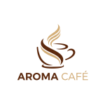 Logo del café Aroma, mostrando una taza con un diseño estilizado de vapor y el texto 'Aroma Café'.