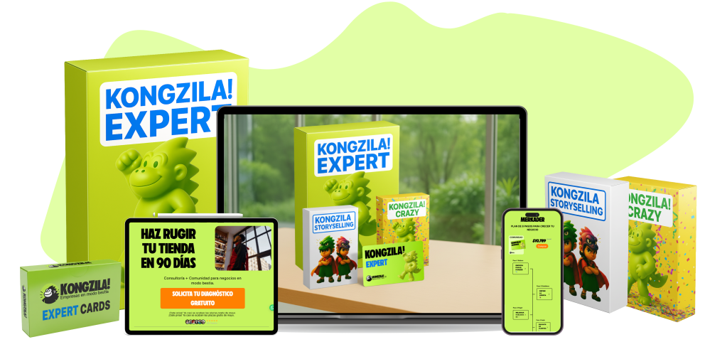 Caja de productos diversos de Kongzila, incluyendo manuales y tarjetas, presentados en un entorno amigable para el negocio. Se muestra una computadora portátil donde se visualiza el contenido digital.