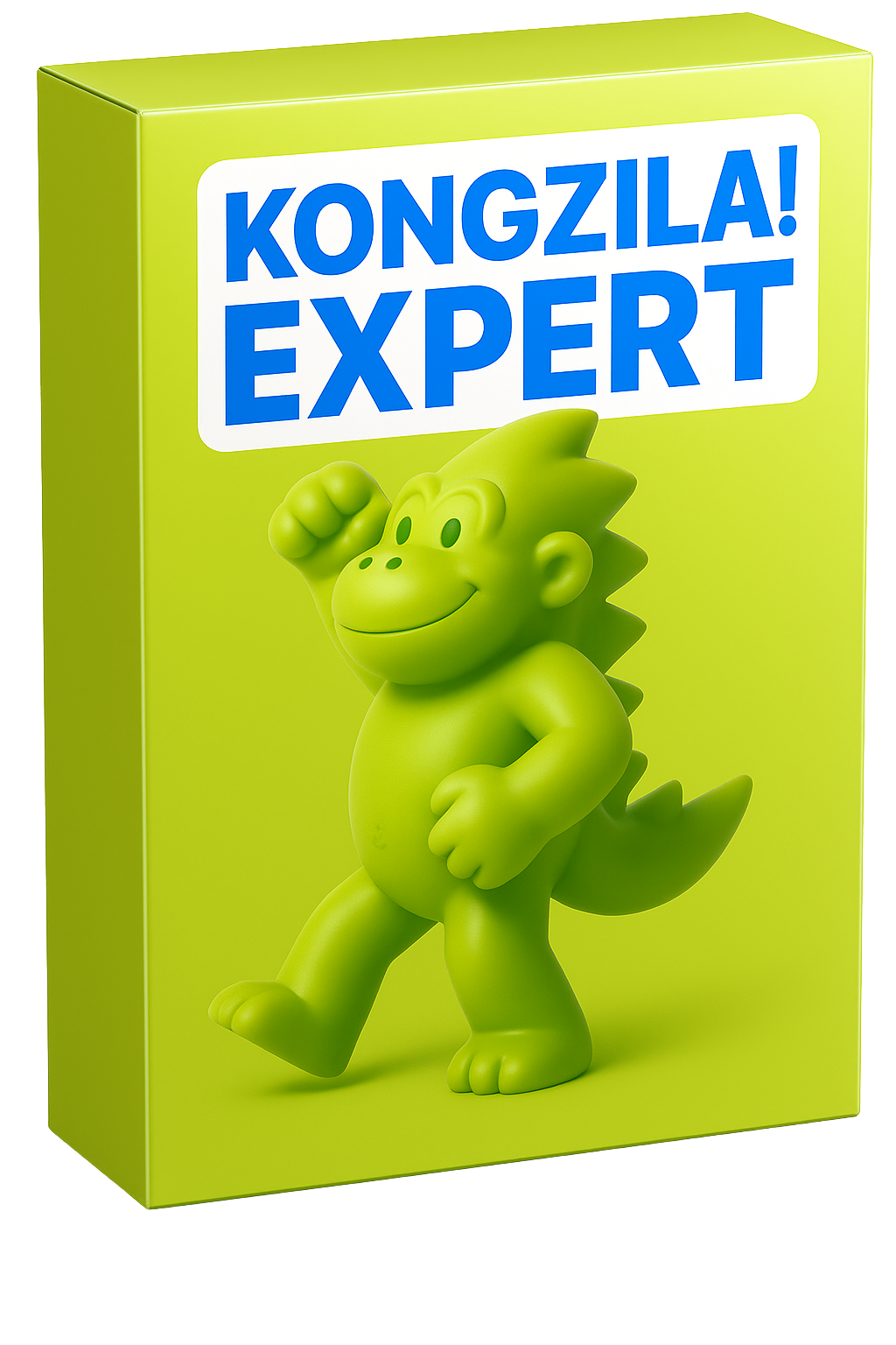 Caja de curso con un personaje verde de estilo caricaturesco, representando a un dinosaurio sonriente y enérgico, con la palabra 'KONGZILA! EXPERT' en letras grandes y en color azul sobre un fondo amarillo brillante.