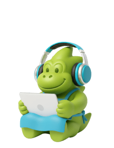 Personaje animado de un dragón verde usando auriculares y sosteniendo una laptop, sonriente, sentado y mirando hacia la pantalla.