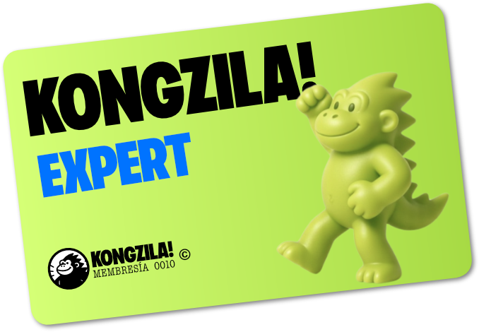 Tarjeta de membresía de Kongzila con diseño colorido, que presenta un simpático personaje tipo gorila con un brazo levantado, acompañado del texto 'KONGZILA! EXPERT'.