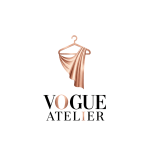 Logo de Vogue Atelier con un gancho de ropa y una tela drapeada, en colores rosa y negro.